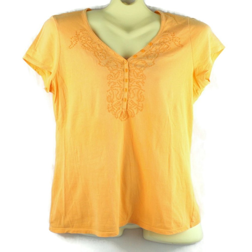 Embroidered T Shirt V Neck Liz Wear by Liz Claiborne Apricot Orange
